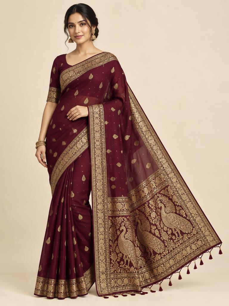 Wine Peacock Zari Saree — Wine + Antique Gold Georgette saree