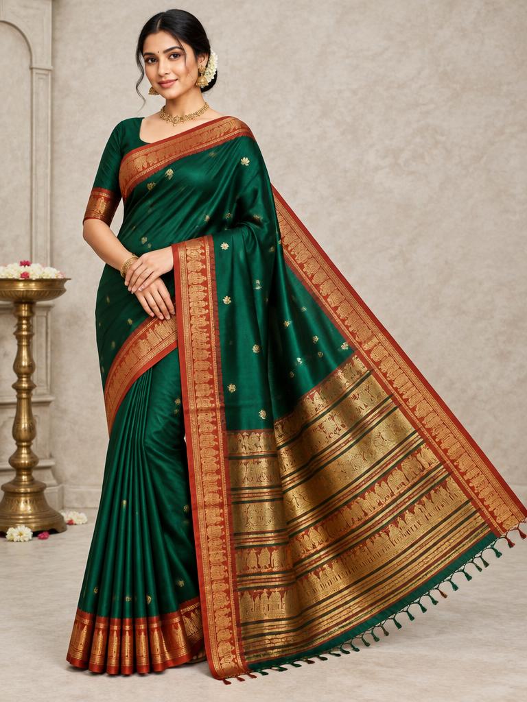 Emerald Lotus Temple Saree — Emerald + Rust Gold Art Silk saree