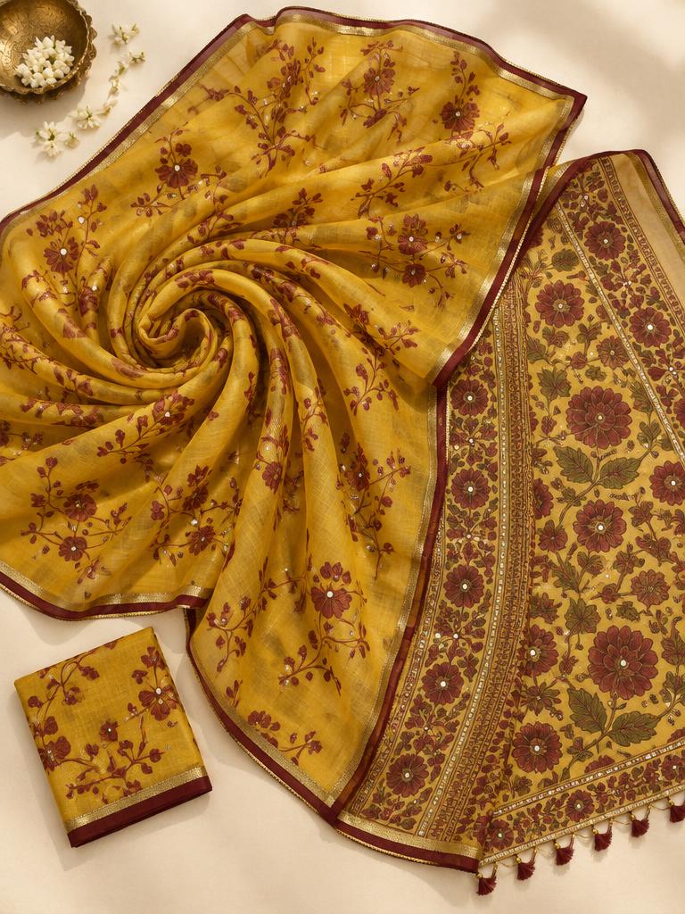 Marigold Block Bloom Saree — Mustard + Maroon Chanderi saree
