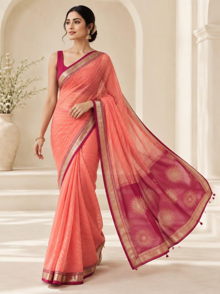 Coral Sunburst Chiffon Saree — Coral + Magenta Chiffon saree
