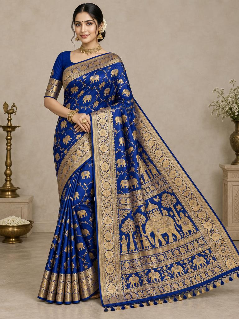 Royal Elephant Jacquard Saree — Royal Blue + Gold Jacquard saree
