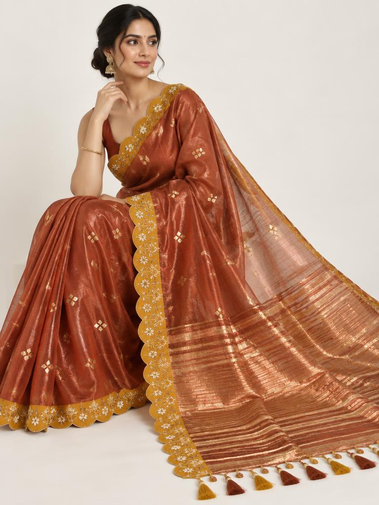 Rust Copper Scallop Saree — Rust + Mustard Tissue Silk saree