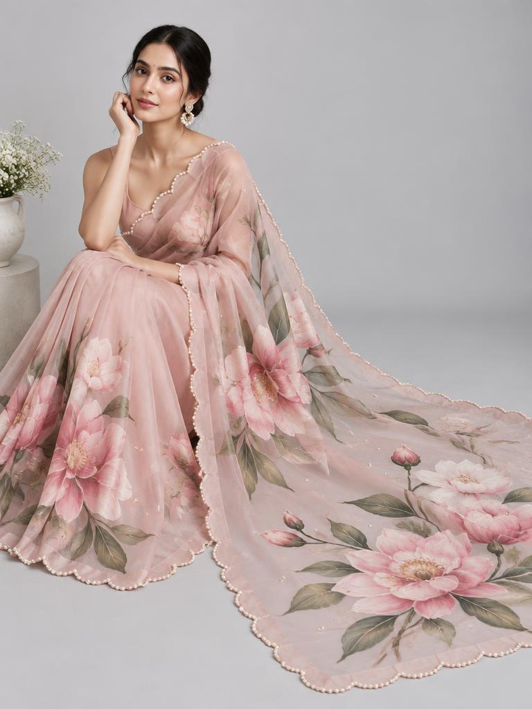 Blush Botanical Pearl Saree — Blush + Sage Organza saree