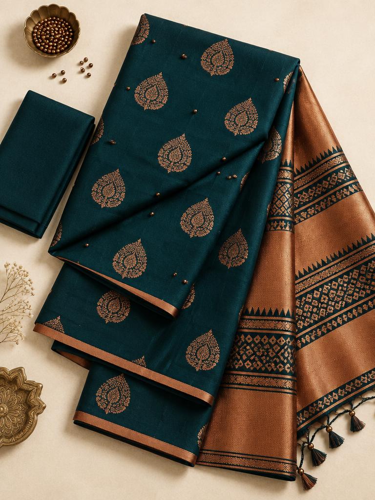 Teal Copper Medallion Saree — Teal + Copper Crepe saree