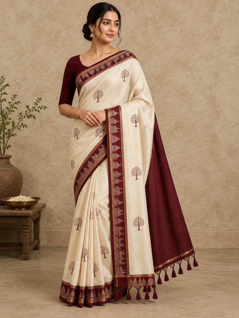 Ivory Tree of Life Saree — Ivory + Maroon Cotton Silk saree