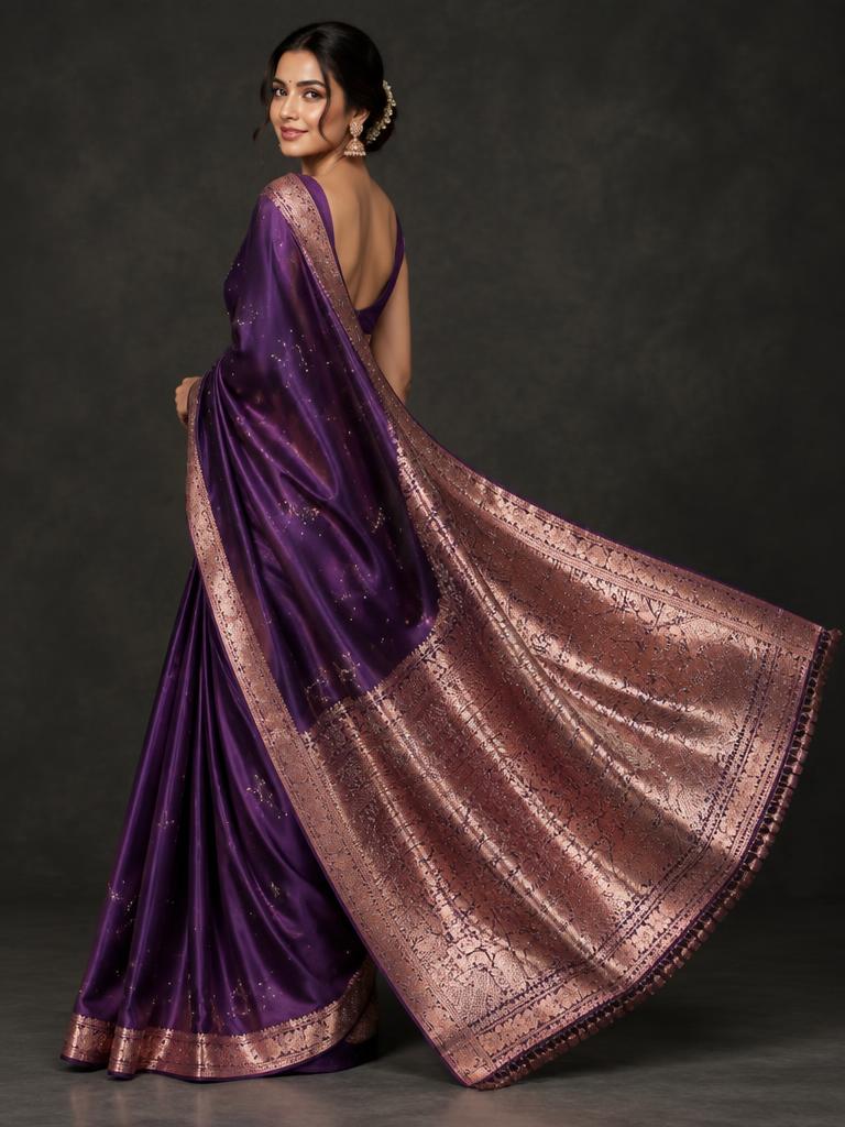 Purple Rose Gold Constellation Saree — Purple + Rose Gold Satin Silk saree
