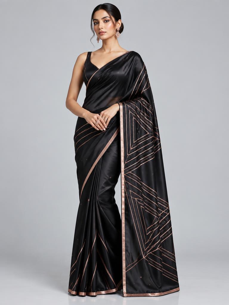 Onyx Rose Line Satin Saree — Black + Rose Gold Satin saree