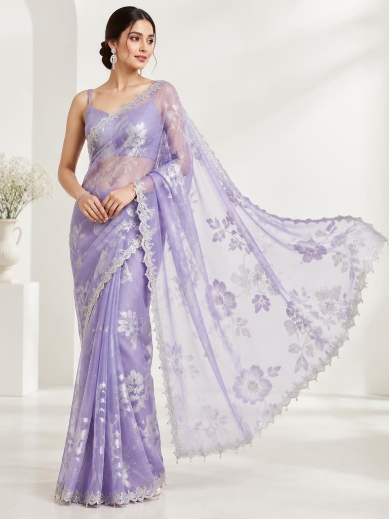 Lavender Silver Garden Saree — Lavender + Silver Organza saree