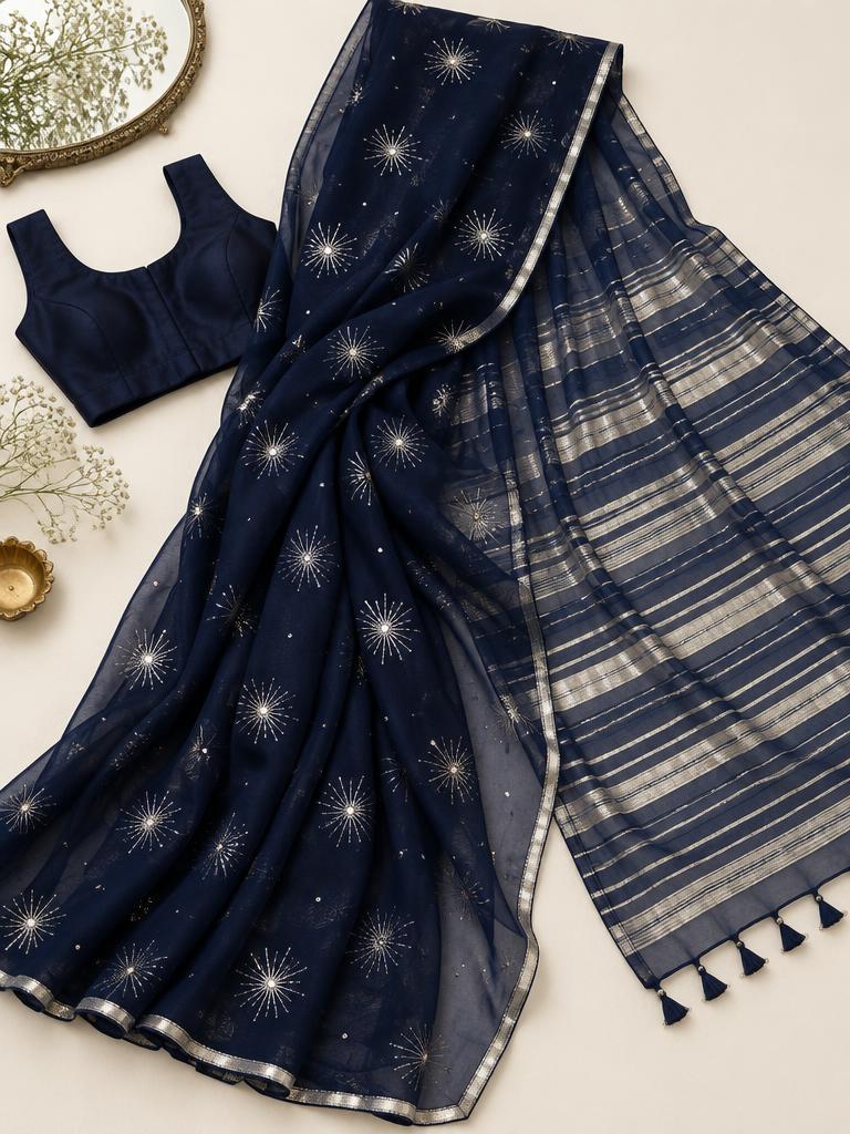Navy Starburst Chiffon Saree — Navy + Silver Chiffon saree