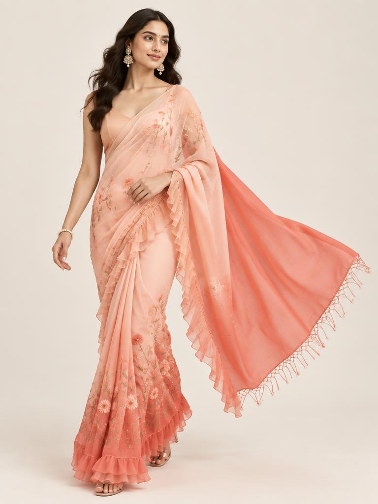 Peach Coral Ruffle Saree — Peach + Coral Georgette saree