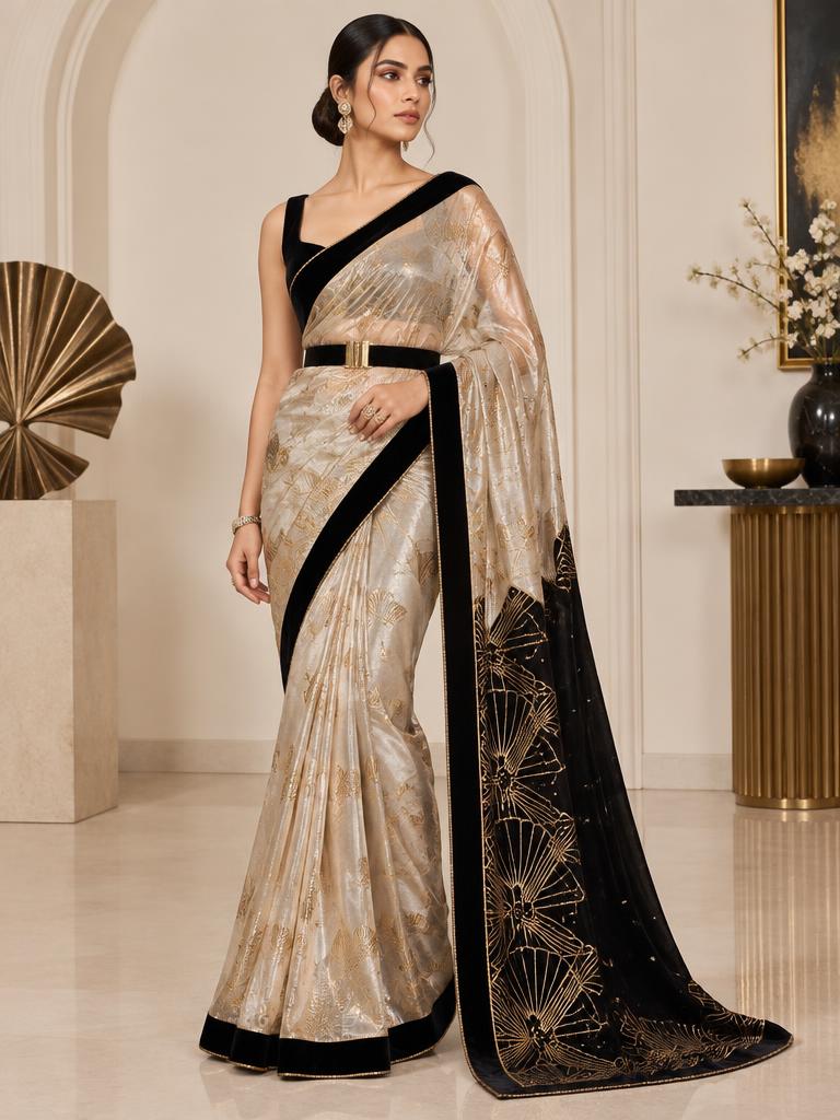 Champagne Art Deco Saree — Champagne + Black Tissue Silk saree