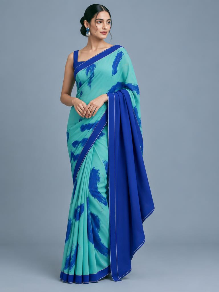 Turquoise Cobalt Brush Saree — Turquoise + Cobalt Crepe saree