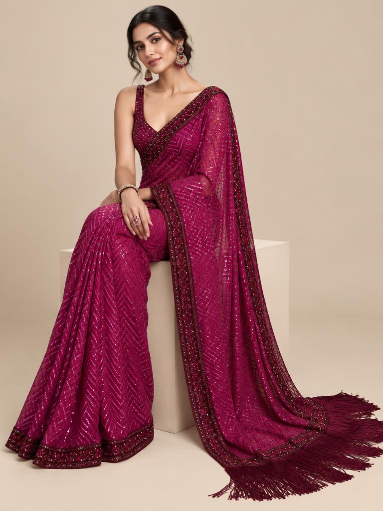 Magenta Chevron Sequin Saree — Magenta + Burgundy Georgette saree