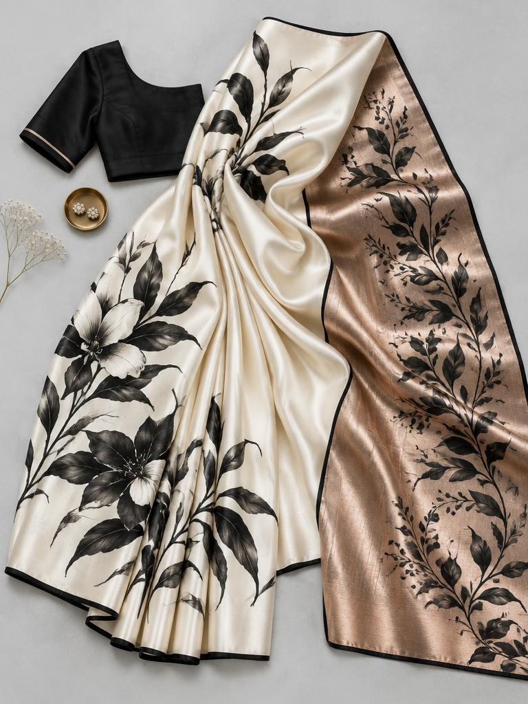 Ivory Ink Botanical Saree — Ivory + Black + Rose Gold Satin saree