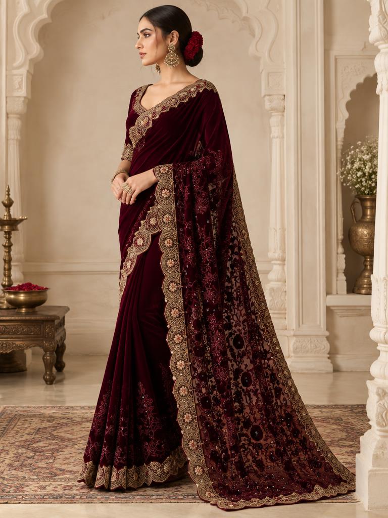 Burgundy Baroque Velvet Saree — Burgundy + Antique Gold Velvet Blend saree