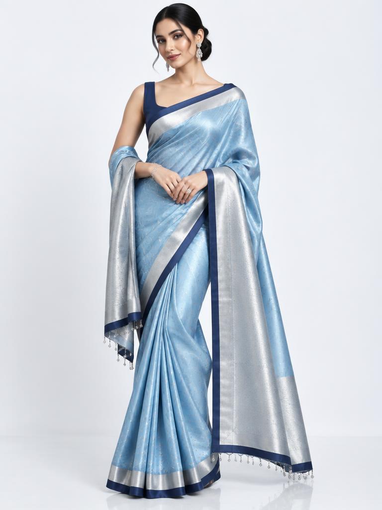 Sky Silver Wave Saree — Sky Blue + Navy + Silver Satin Silk saree