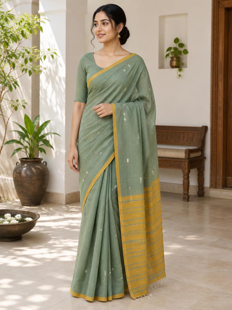 Sage Jasmine Handloom Saree — Sage + Mustard Handloom Cotton saree