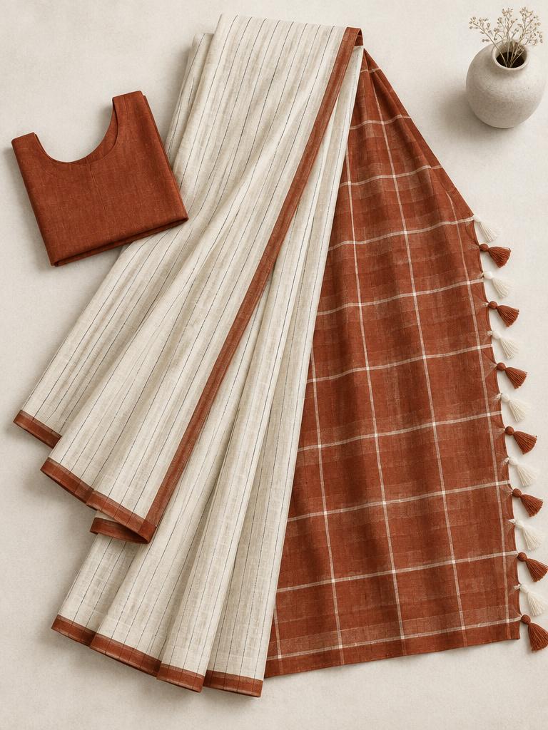 Cream Rust Windowpane Saree — Cream + Rust Linen saree