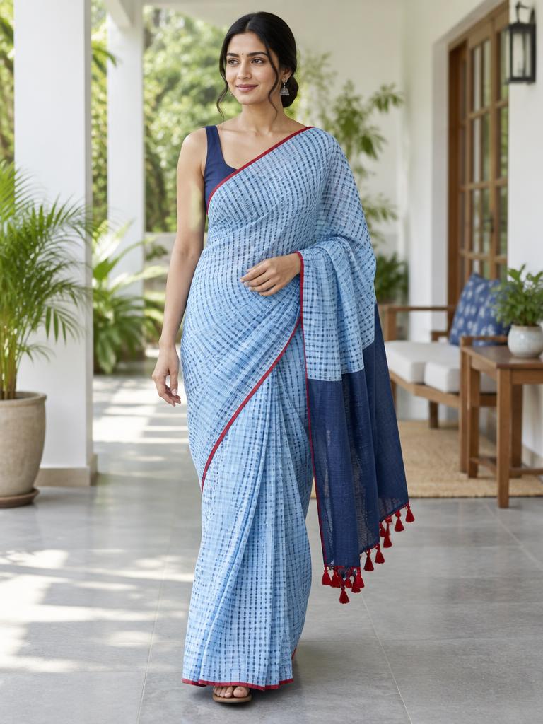 Powder Blue Gingham Saree — Powder Blue + Navy + Red Cotton saree