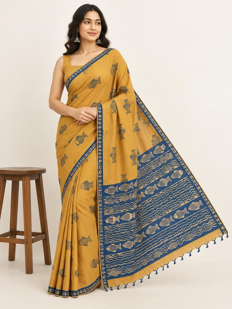 Mustard Indigo Fish Saree — Mustard + Indigo Cotton Linen saree