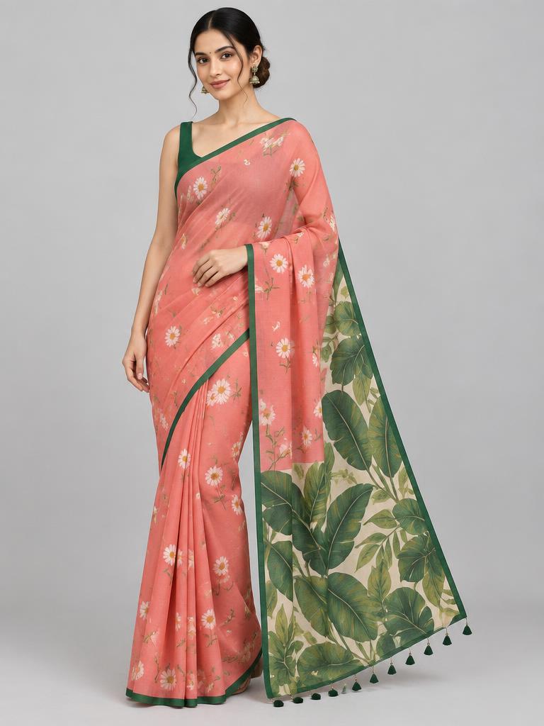 Coral Daisy Leaf Saree — Coral + Forest Green Crepe saree
