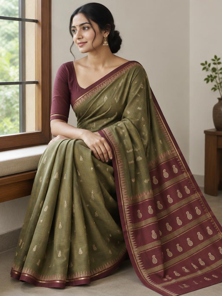 Olive Paisley Comfort Saree — Olive + Maroon Cotton Silk saree