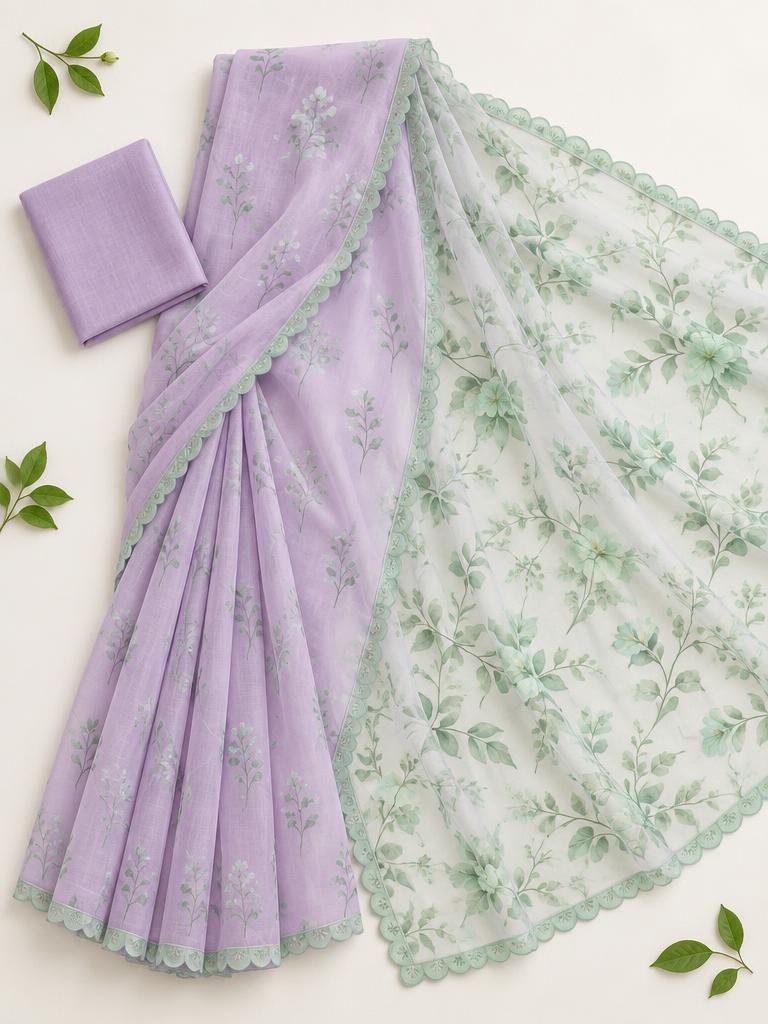 Lilac Mint Botanical Saree — Lilac + Mint Chiffon saree