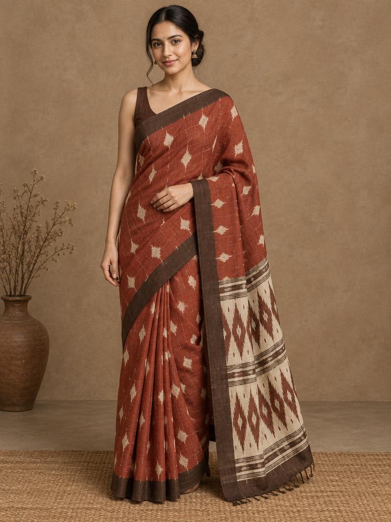 Brick Ikat Diamond Saree — Brick Rust + Brown Handloom Cotton saree