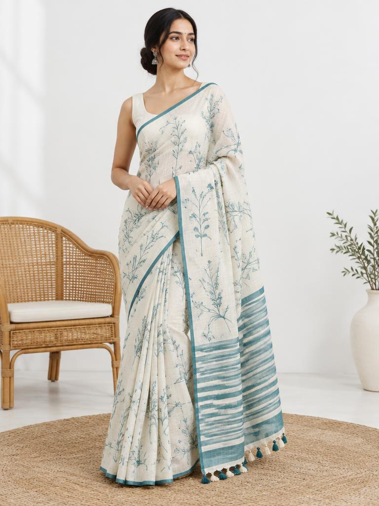 Ivory Teal Linework Saree — Ivory + Teal Linen saree