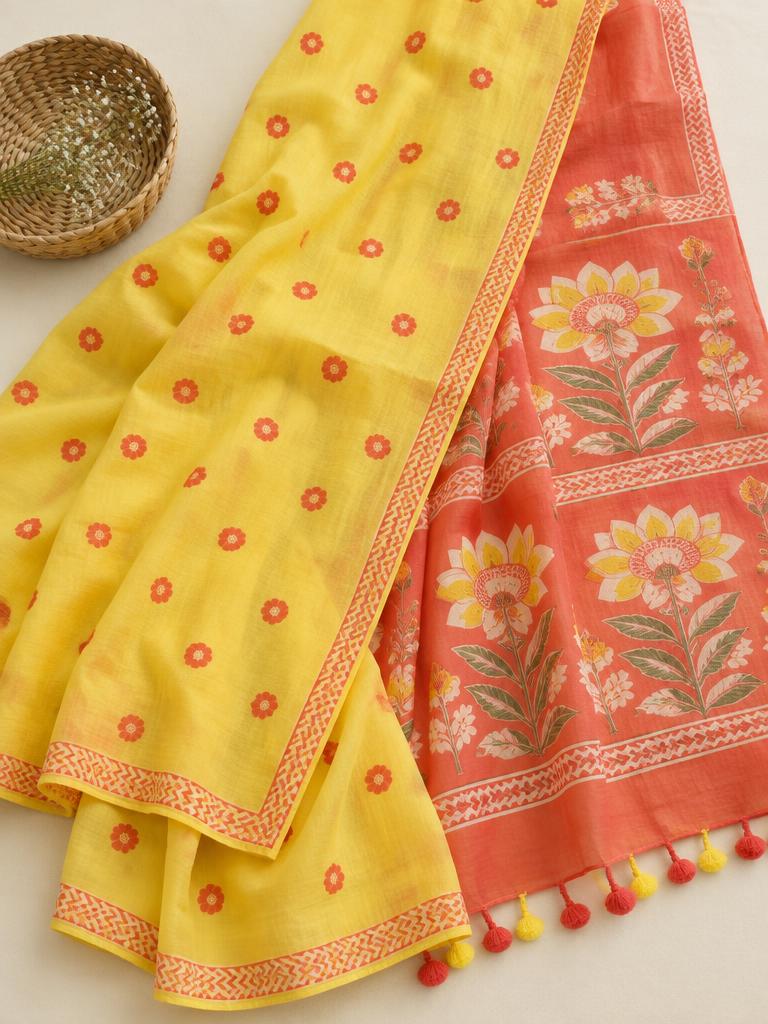 Sun Yellow Folk Bloom Saree — Yellow + Coral Mulmul Cotton saree