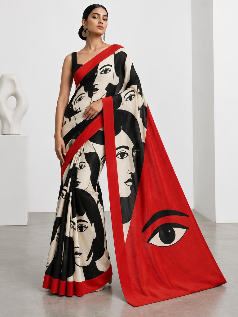 Monochrome Muse Art Saree — Black + Ivory + Vermilion Crepe saree