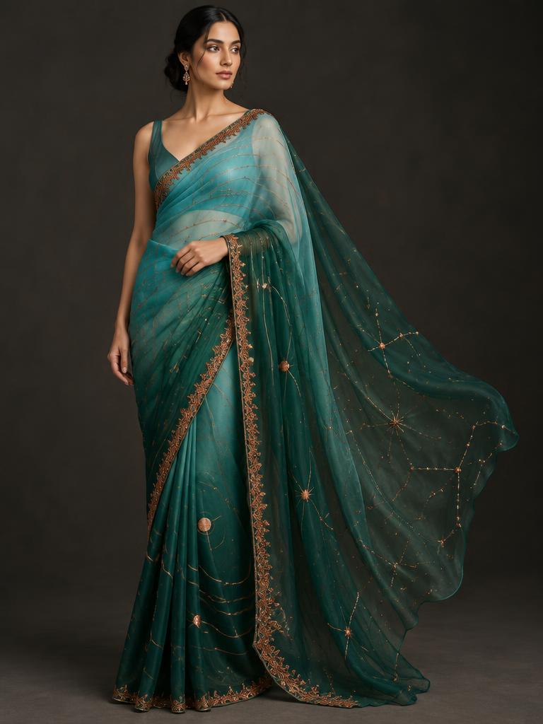 Emerald Orbit Organza Saree — Teal + Emerald + Copper Organza saree