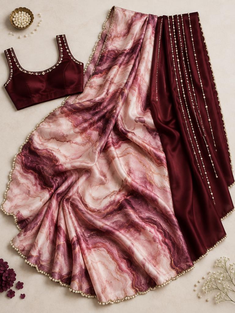 Blush Burgundy Marble Saree — Blush + Burgundy Satin saree