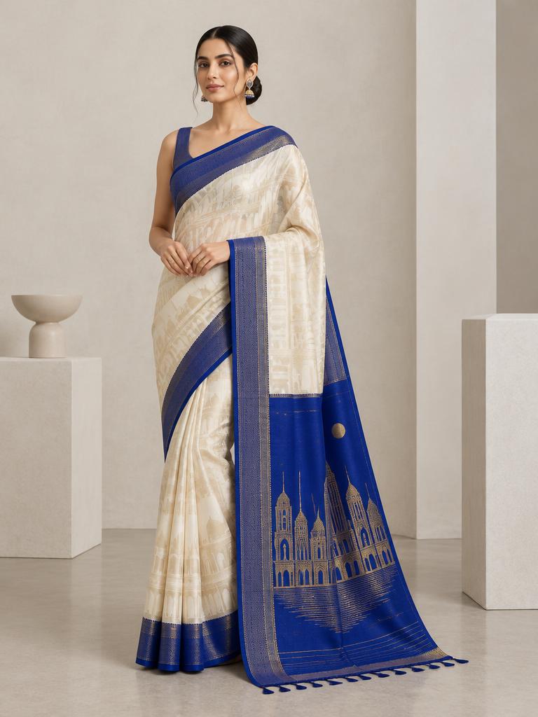 Ivory Cobalt City Saree — Ivory + Cobalt + Gold Jacquard saree