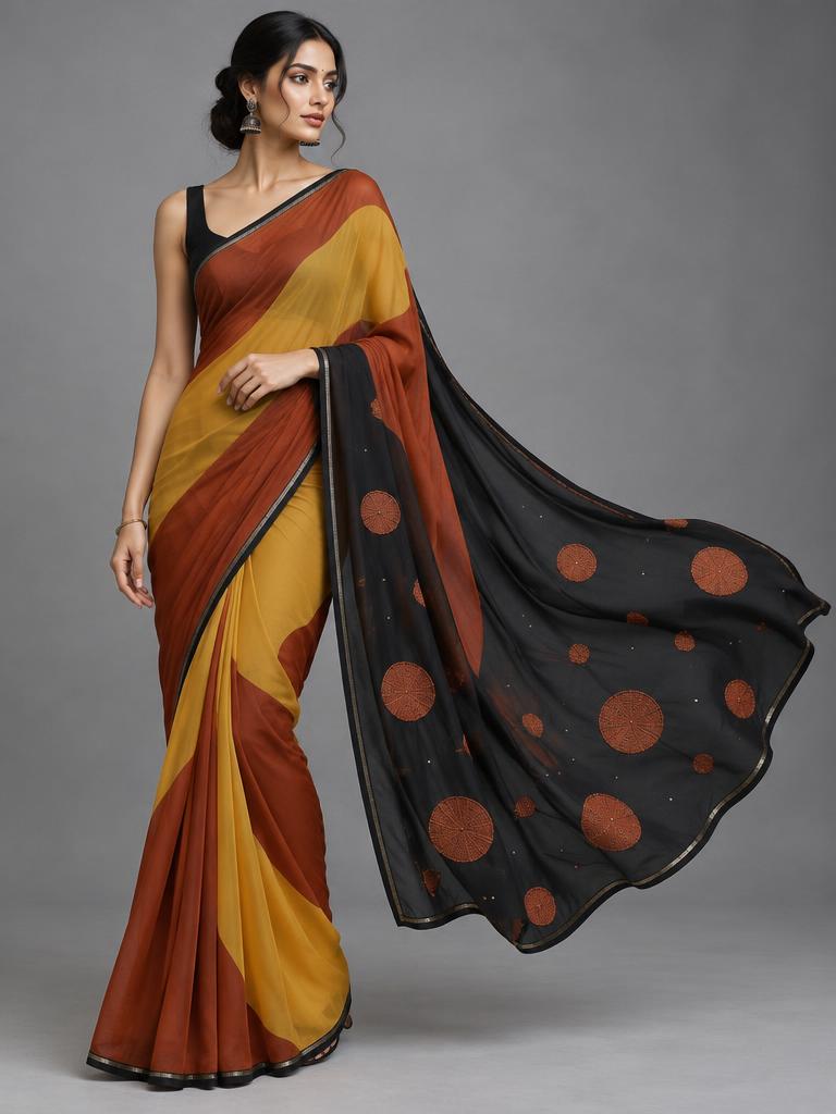 Rust Mustard Colorfield Saree — Rust + Mustard + Black Chiffon saree