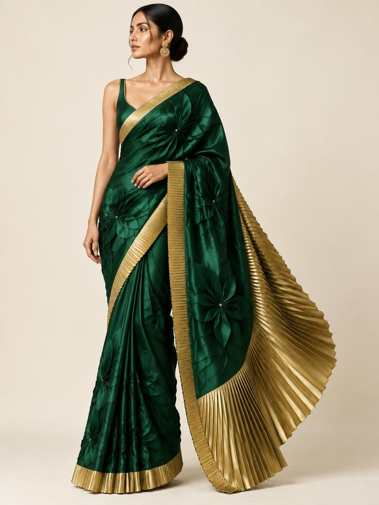 Emerald Origami Bloom Saree — Emerald + Gold Satin saree