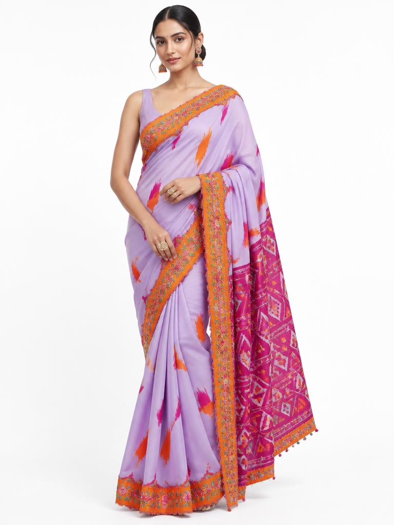 Lilac Chromatic Brush Saree — Lilac + Orange + Magenta Crepe saree