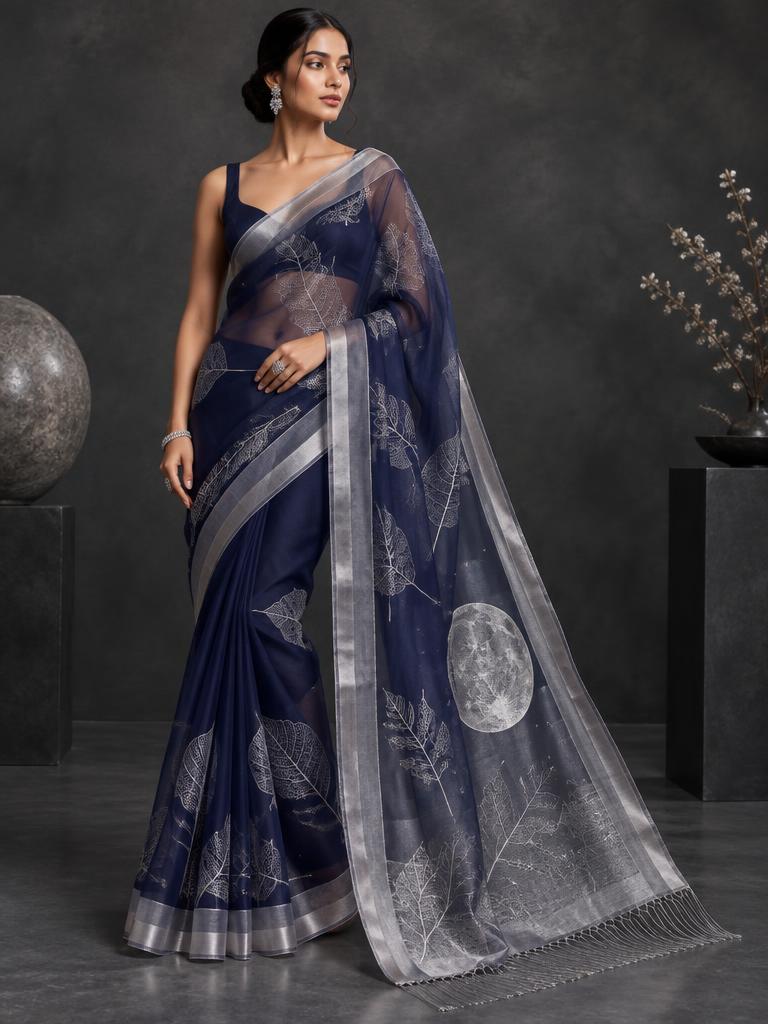 Navy Moonleaf Organza Saree — Navy + Silver Organza saree