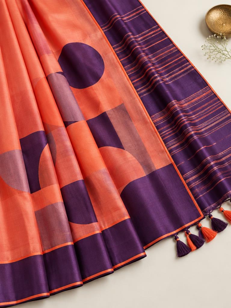 Coral Bauhaus Silk Saree — Coral + Deep Purple Art Silk saree