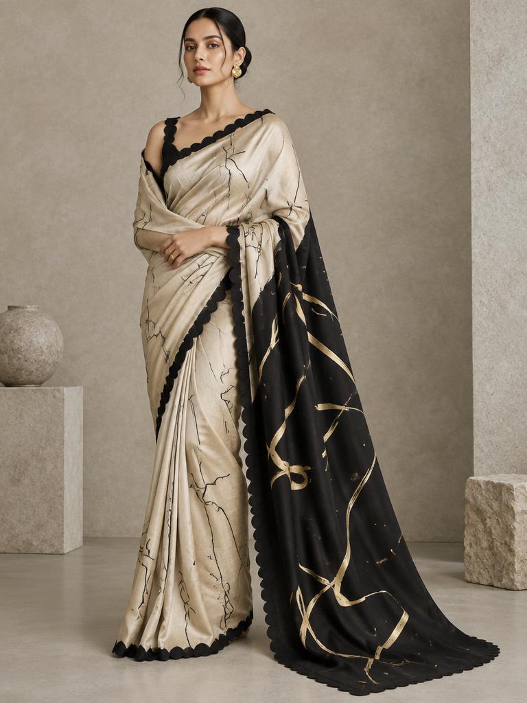 Champagne Calligraphy Saree — Champagne + Black + Gold Linen Silk saree
