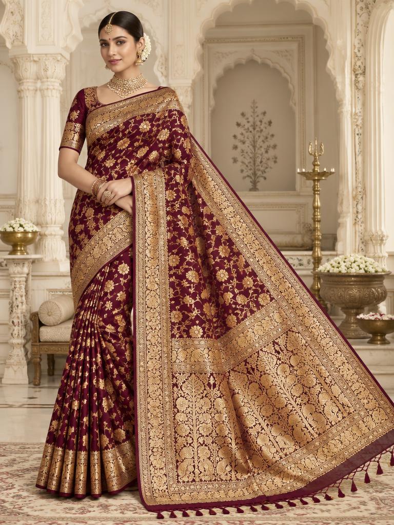Maroon Floral Jaal Bridal Saree — Deep Maroon + Gold Banarasi Silk saree
