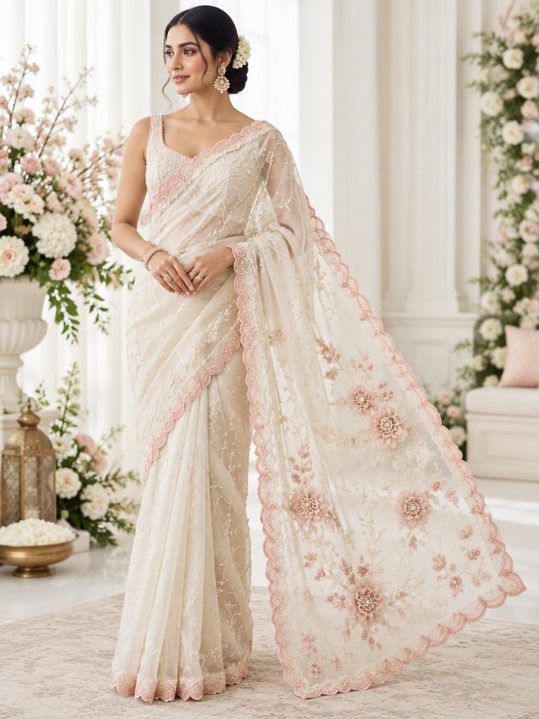 Ivory Blush Pearl Vine Saree — Ivory + Blush Organza saree
