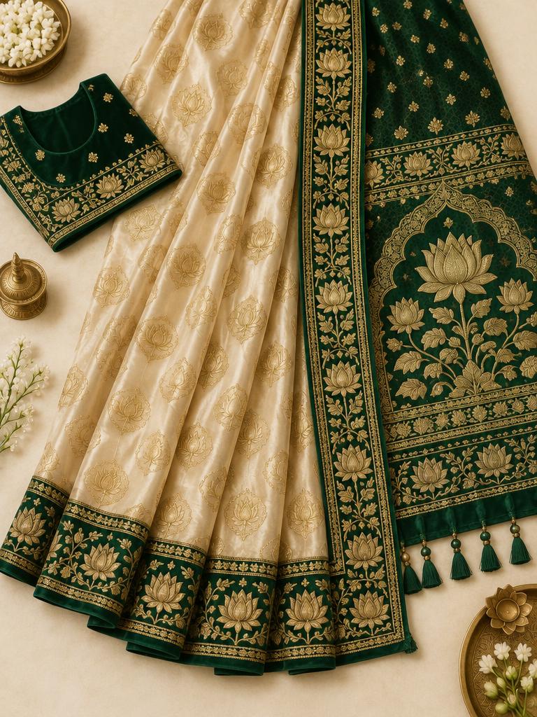 Champagne Emerald Lotus Saree — Champagne + Emerald Tissue Silk saree