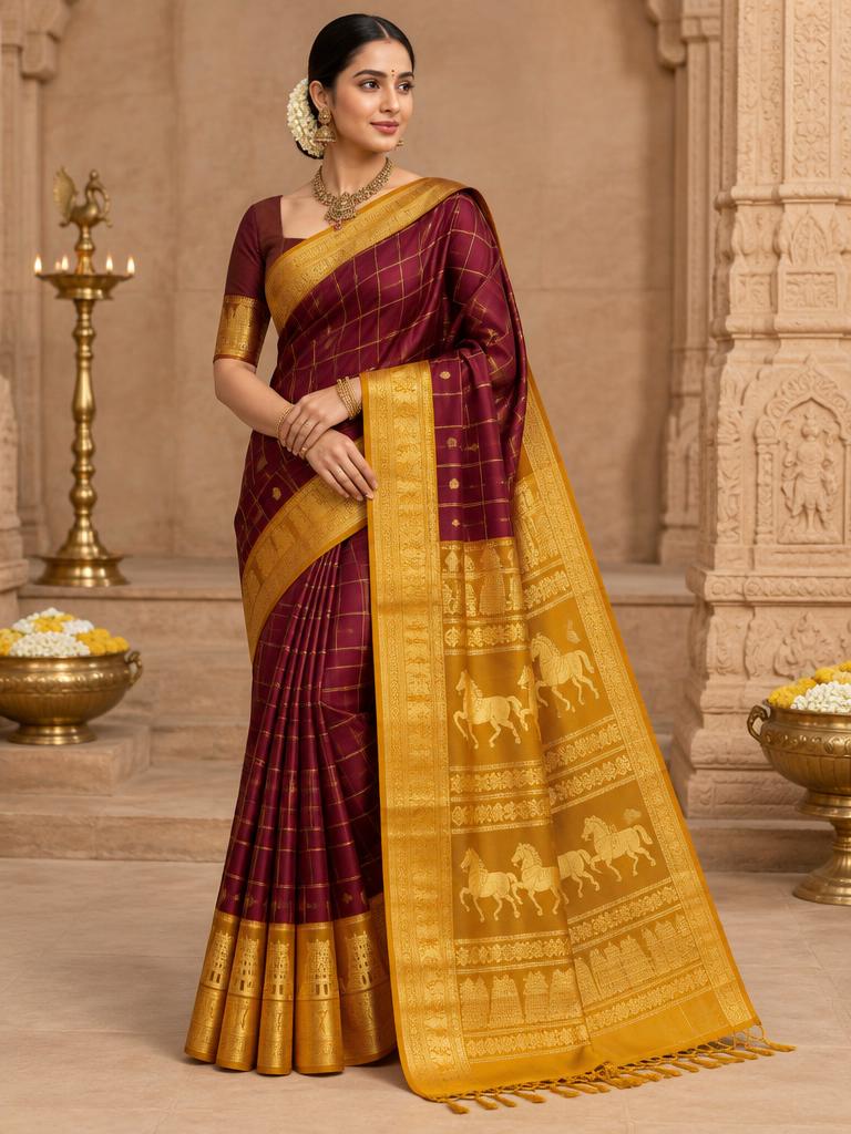 Burgundy Mustard Temple Saree — Burgundy + Mustard Gold Kanjivaram Silk saree