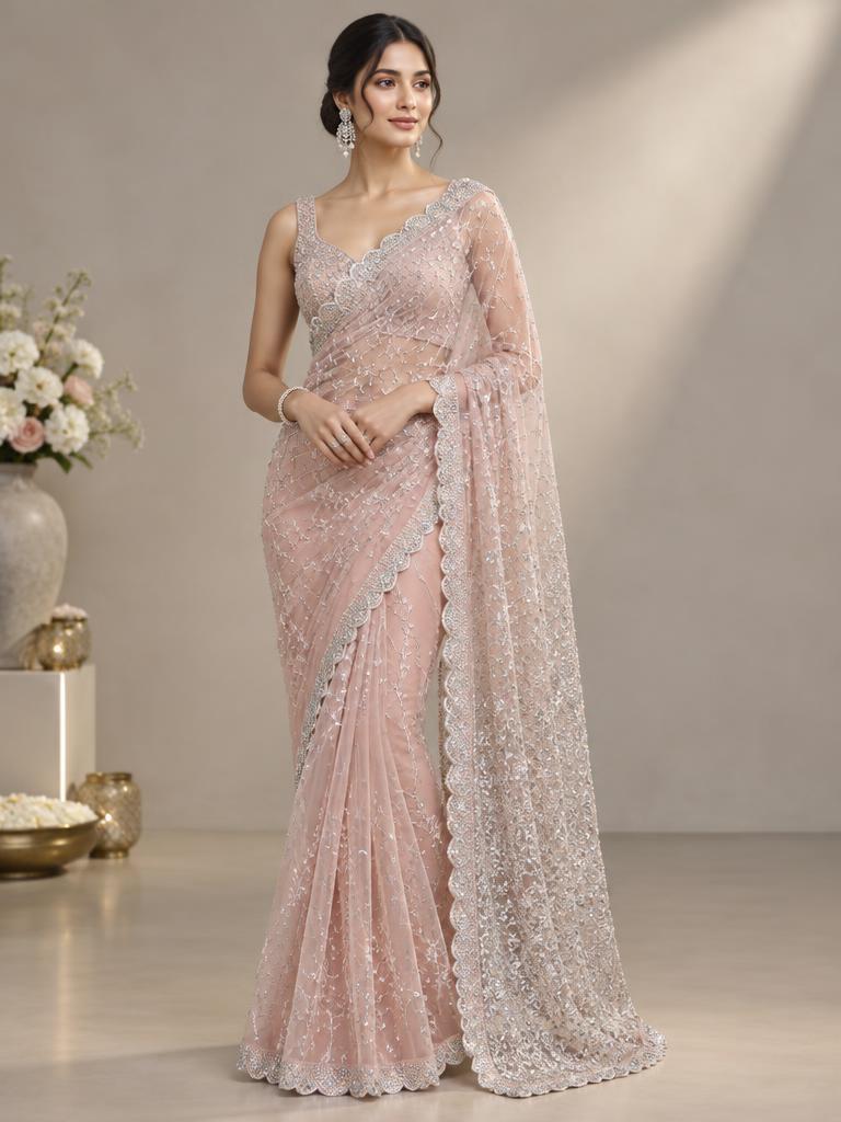 Blush Crystal Vine Saree — Blush + Silver Net saree