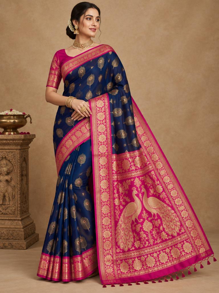 Navy Fuchsia Peacock Saree — Navy + Fuchsia + Gold Art Silk saree
