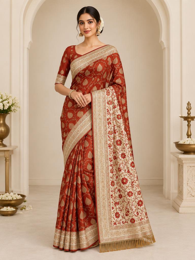 Rust Cream Paisley Wedding Saree — Rust Red + Cream Silk saree