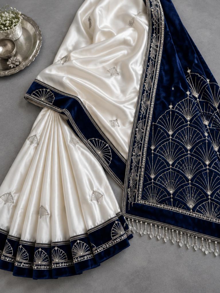 Pearl Navy Deco Saree — Pearl White + Midnight Blue Satin Silk saree