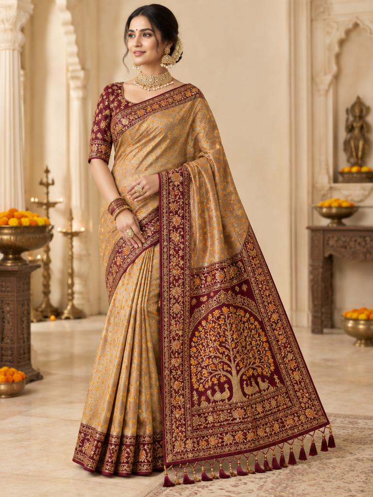 Antique Gold Tree Pallu Saree — Antique Gold + Wine Tissue Silk saree