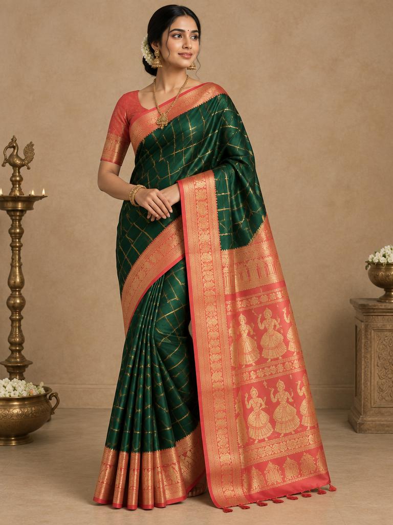 Bottle Green Coral Kanjivaram Saree — Bottle Green + Coral Gold Kanjivaram Silk saree